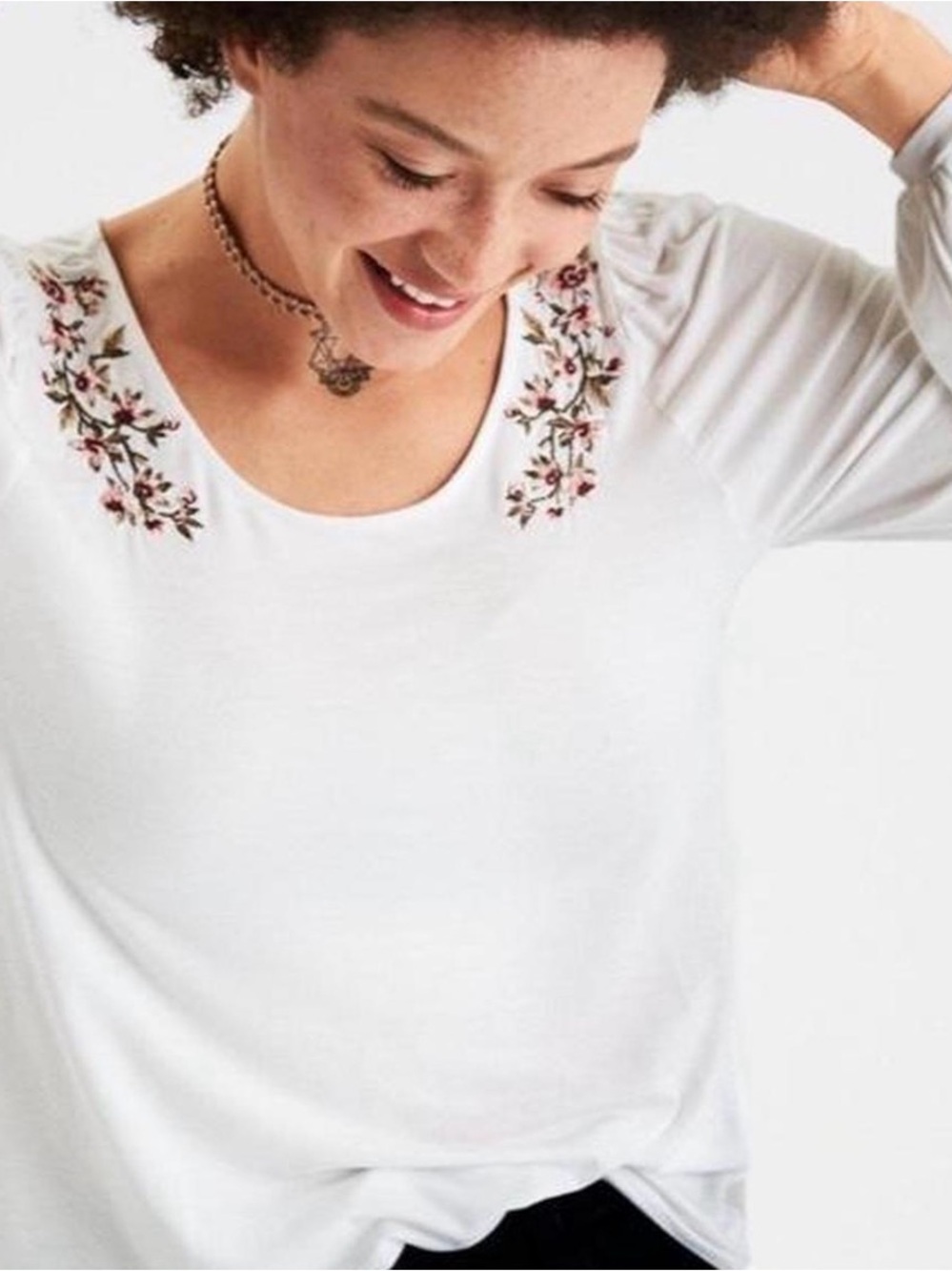 American Eagle | White Long Sleeve Top with Floral Embroidery